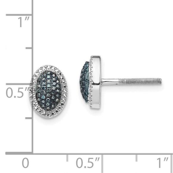 Blue & White Diamond Small Oval Screw Back Earrings in Sterling Silver